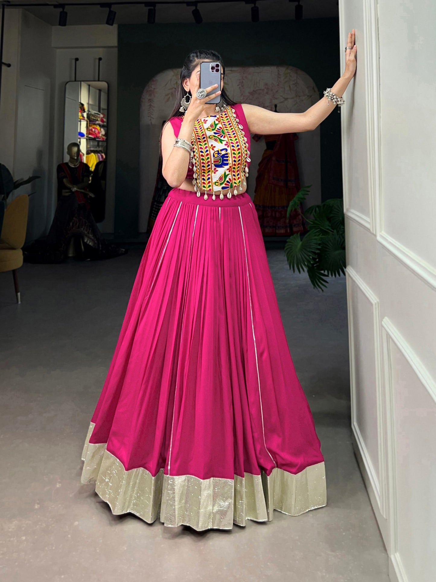 Pink Rayon Plain And Gamthi Work With Kodi Lace Fully Stitched Navratri Lehenga Choli