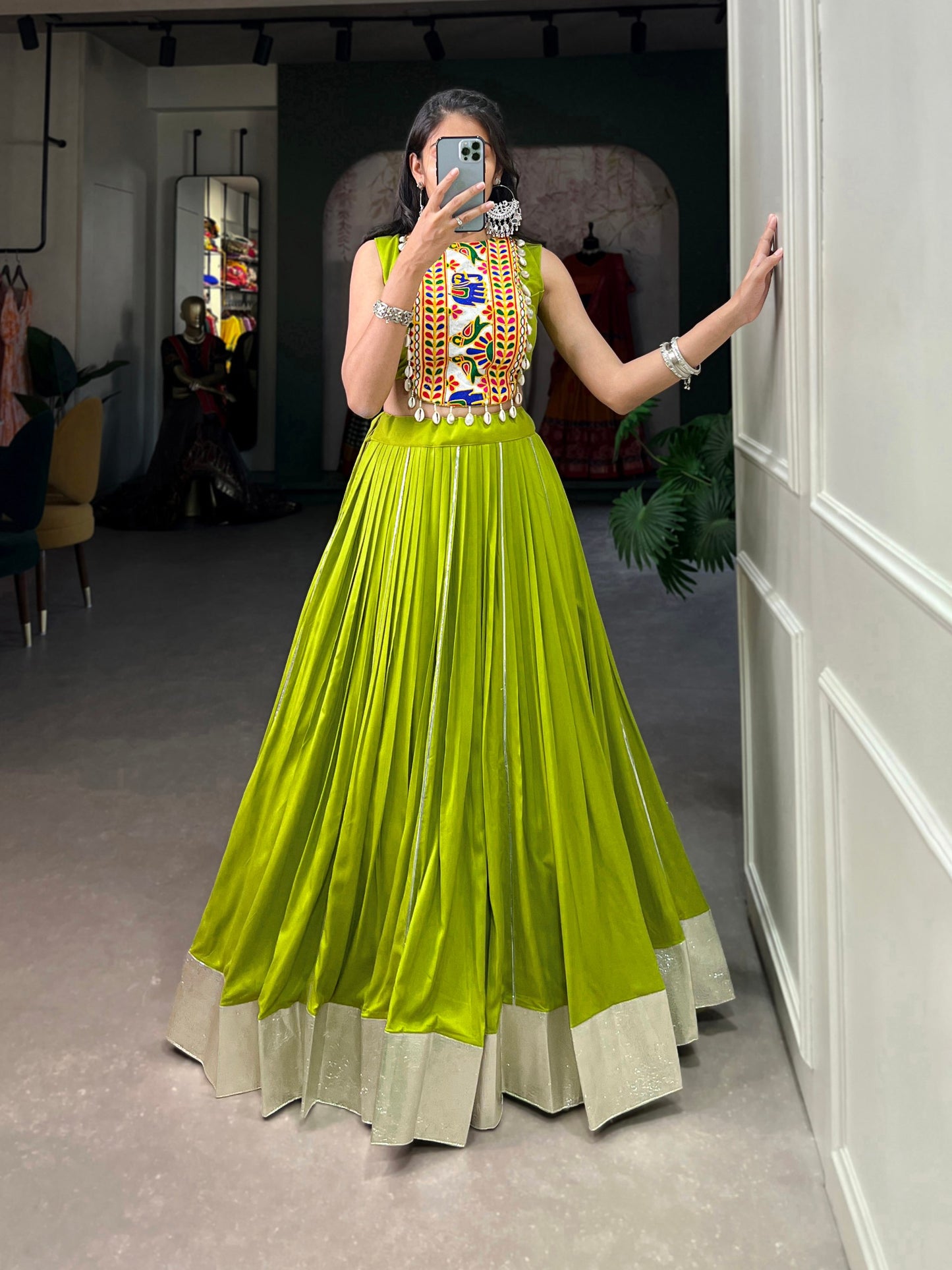 Green Pink Rayon Plain And Gamthi Work With Kodi Lace Fully Stitched Navratri Lehenga Choli