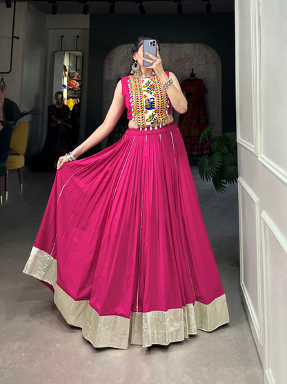 Pink Rayon Plain And Gamthi Work With Kodi Lace Fully Stitched Navratri Lehenga Choli