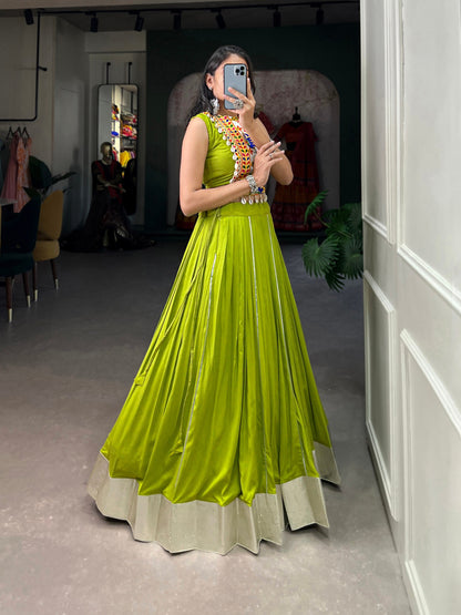 Green Pink Rayon Plain And Gamthi Work With Kodi Lace Fully Stitched Navratri Lehenga Choli