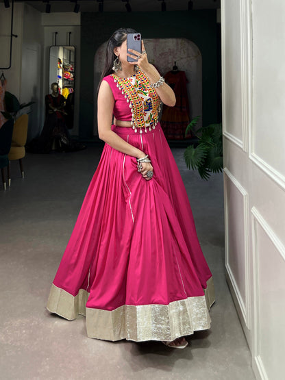 Pink Rayon Plain And Gamthi Work With Kodi Lace Fully Stitched Navratri Lehenga Choli