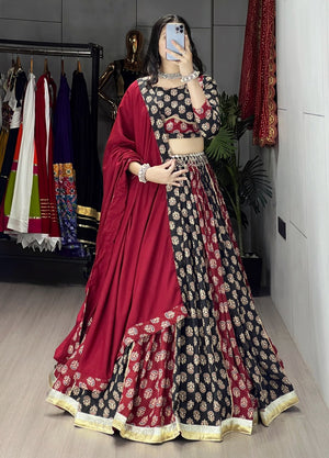Ajrakh print kali lehenga with maroon dupatta
