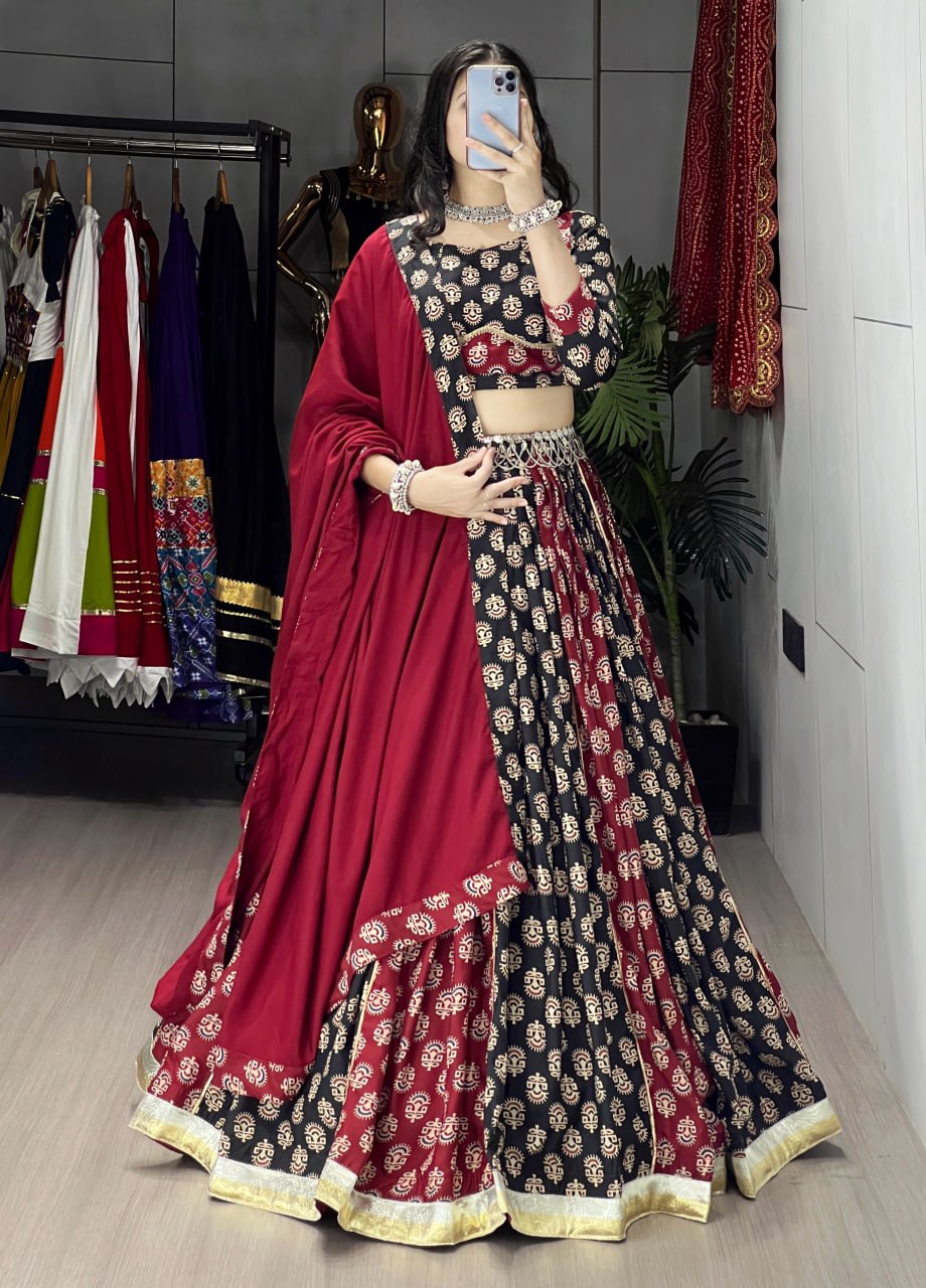 Ajrakh print kali lehenga with maroon dupatta
