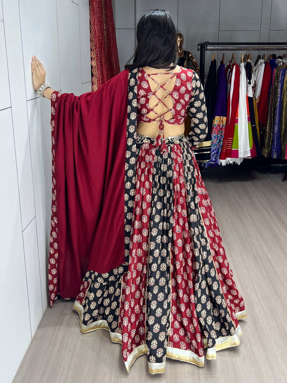 Designer Navratri garba lehenga with block print and full sleeve choli
