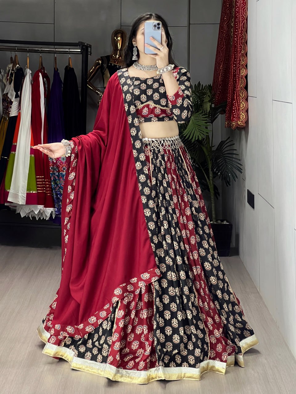 Black and maroon Navratri lehenga choli rayon cotton Ajrakh print
