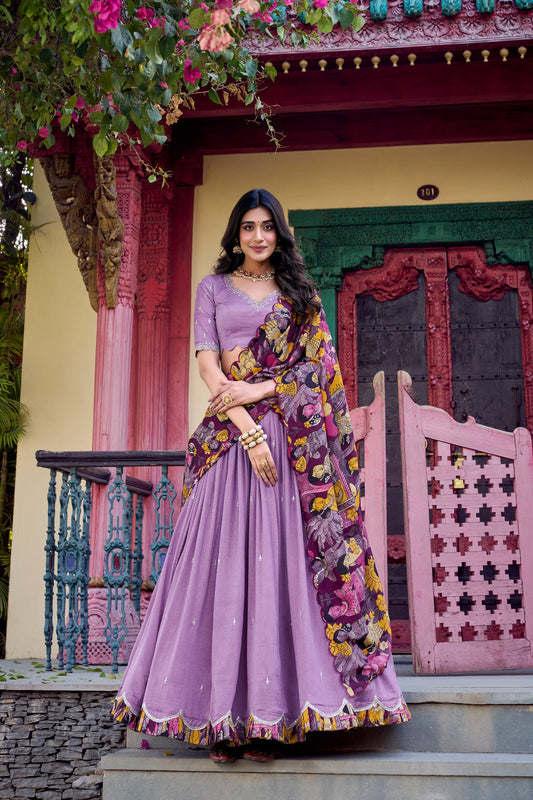 Lavender Vichitra Silk Sequins And Thread Embroidery Work Lehenga Choli
