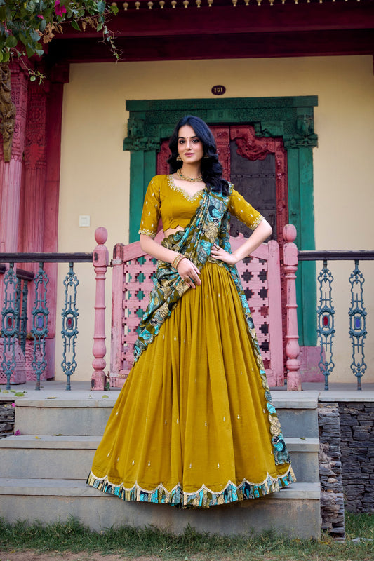 Musterd Vichitra Silk Sequins And Thread Embroidery Work Lehenga Choli
