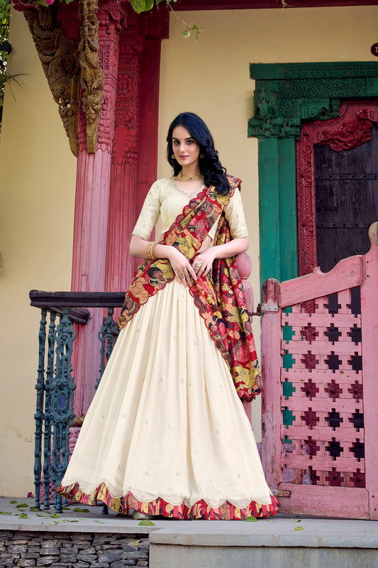 Off White Vichitra Silk Sequins And Thread Embroidery Work Lehenga Choli
