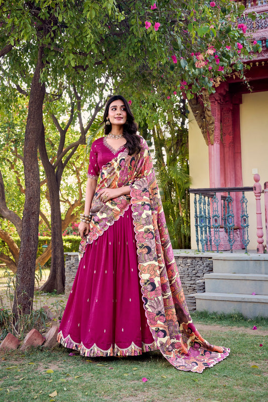 Pink Vichitra Silk Sequins And Thread Embroidery Work Lehenga Choli