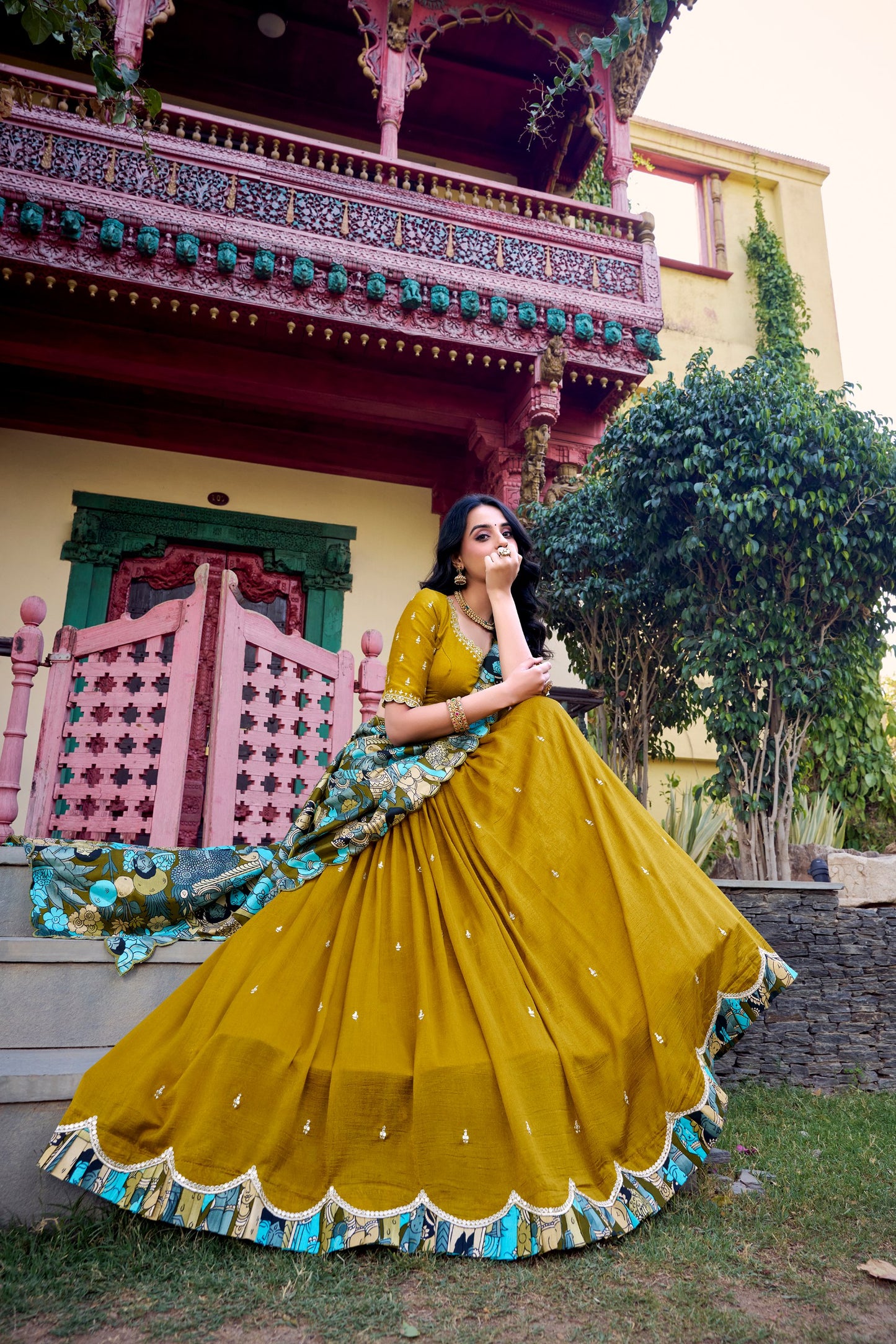 Musterd Vichitra Silk Sequins And Thread Embroidery Work Lehenga Choli