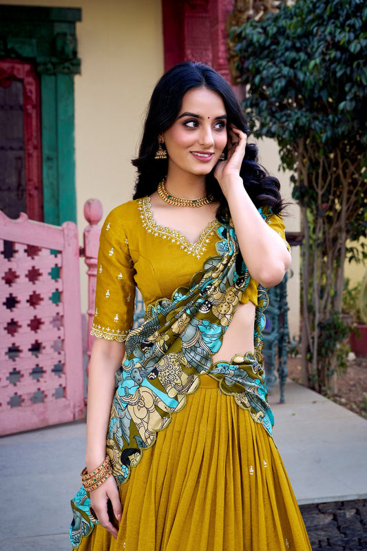 Musterd Vichitra Silk Sequins And Thread Embroidery Work Lehenga Choli