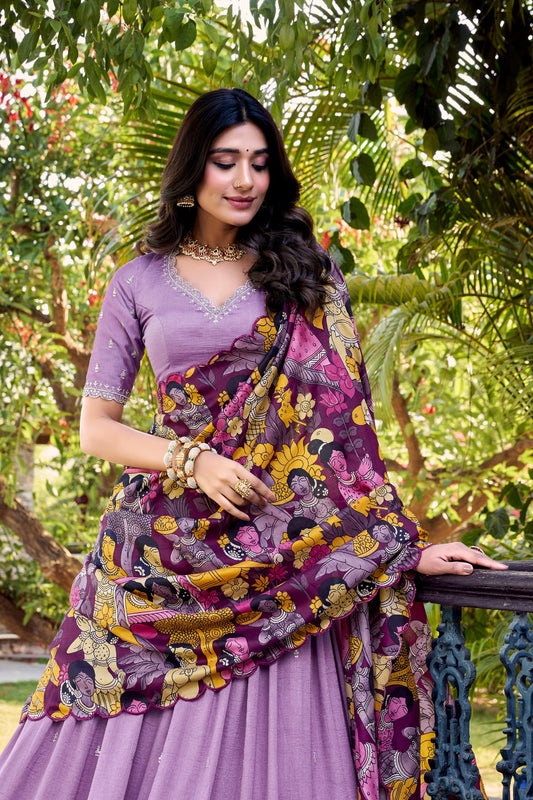 Lavender Vichitra Silk Sequins And Thread Embroidery Work Lehenga Choli