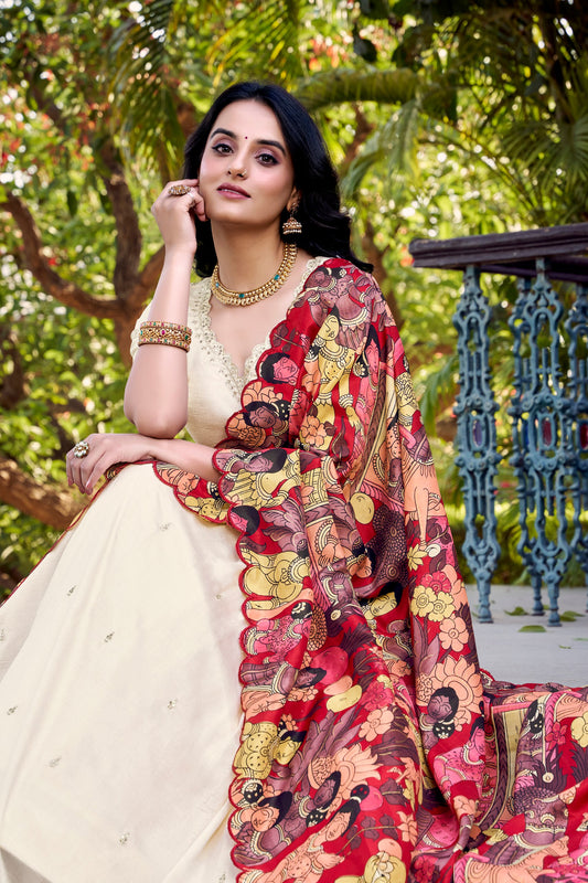 Off White Vichitra Silk Sequins And Thread Embroidery Work Lehenga Choli