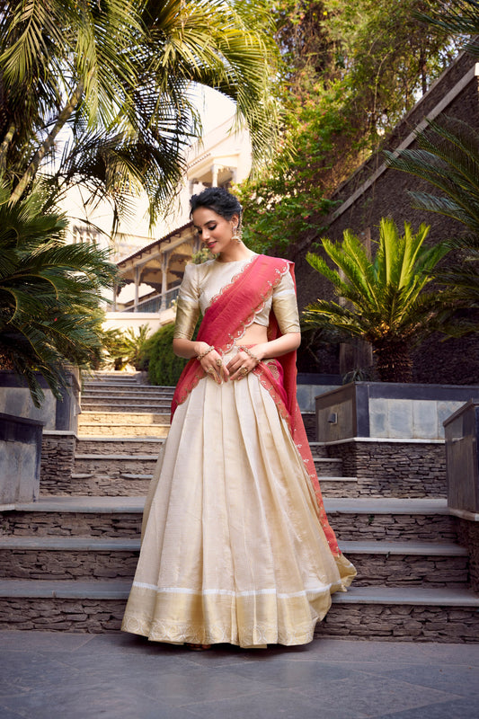 Off White Jacquard Chex Zari Weaving Work Lehenga Choli