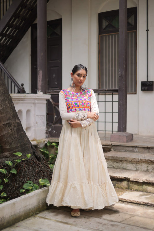 Off White Kora Cotton Gamthi Work Navratri Gown