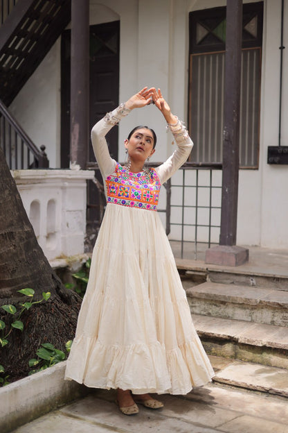 Off White Kora Cotton Gamthi Work Navratri Gown