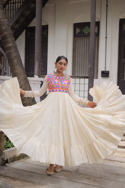 Off White Kora Cotton Gamthi Work Navratri Gown