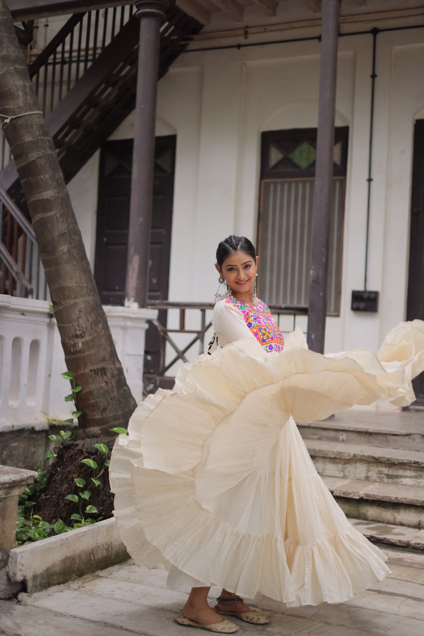 Off White Kora Cotton Gamthi Work Navratri Gown