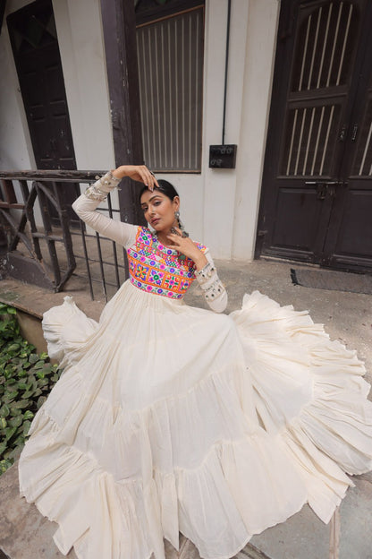 Off White Kora Cotton Gamthi Work Navratri Gown