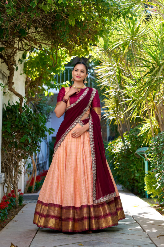 Peach Zari Chex Zari Weaving Work Lehenga Choli