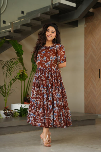 Coffee Color Faux Georgette With Print Gown