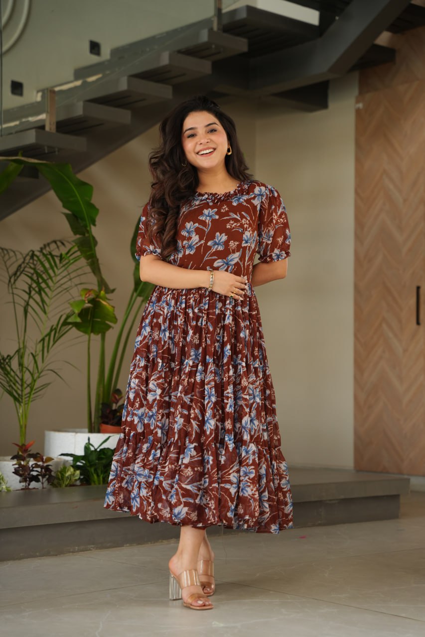 Coffee Color Faux Georgette With Print Gown