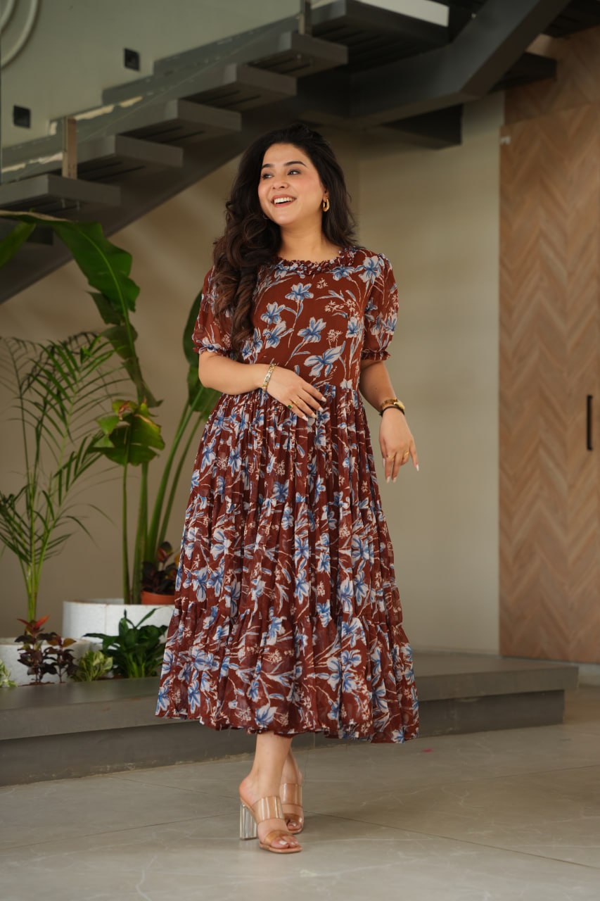 Coffee Color Faux Georgette With Print Gown