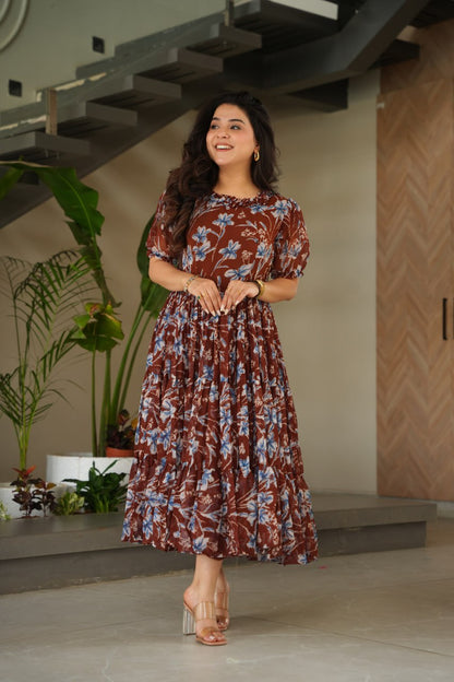 Coffee Color Faux Georgette With Print Gown