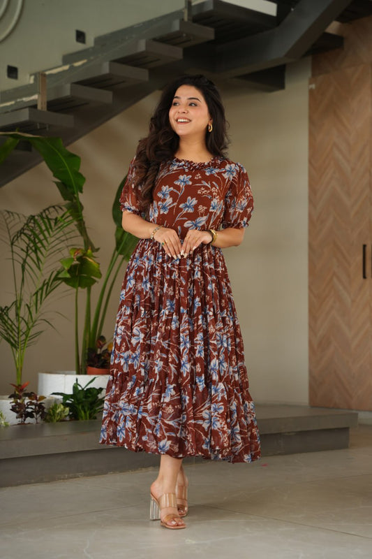 Coffee Color Faux Georgette With Print Gown