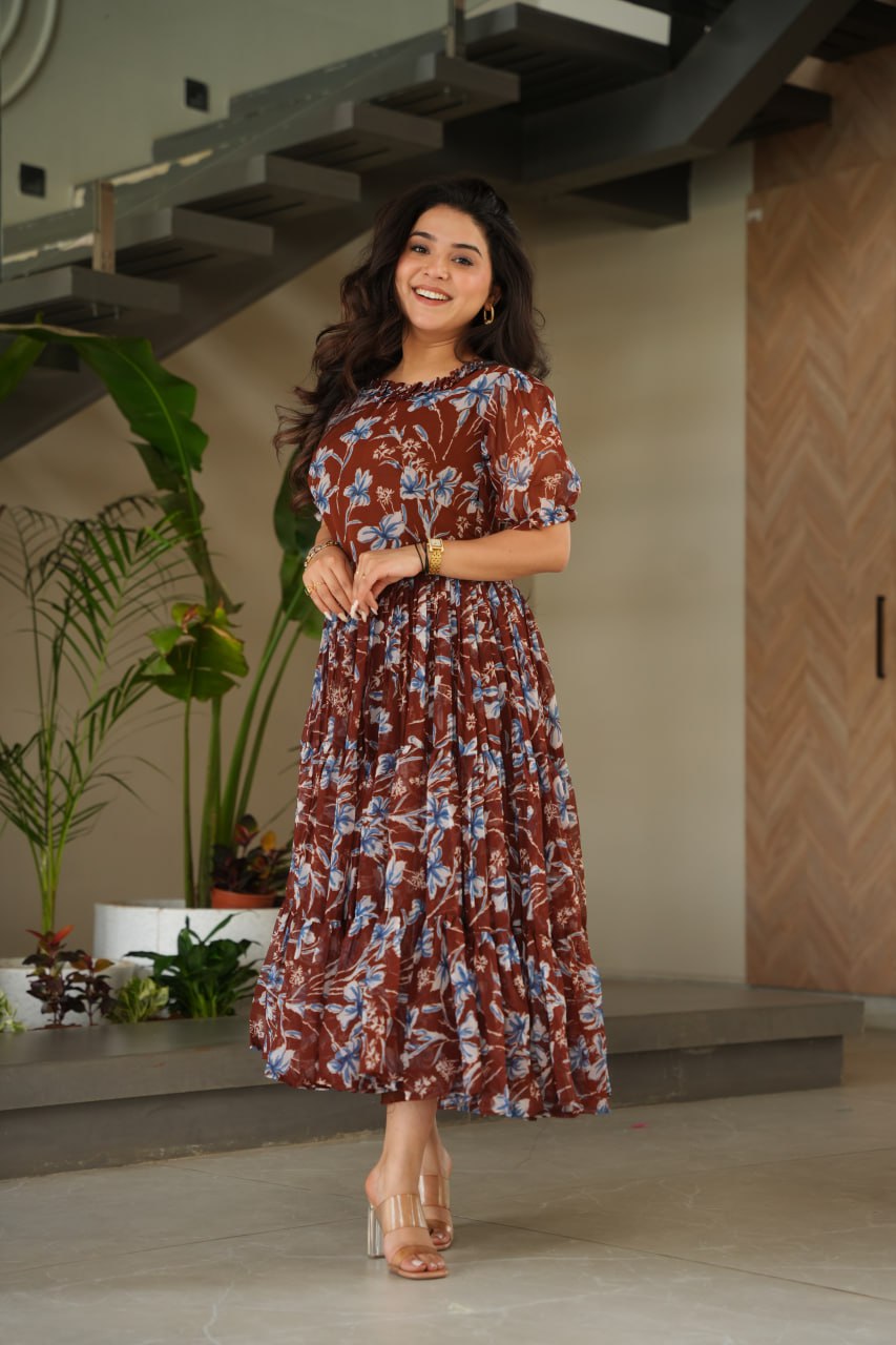 Coffee Color Faux Georgette With Print Gown