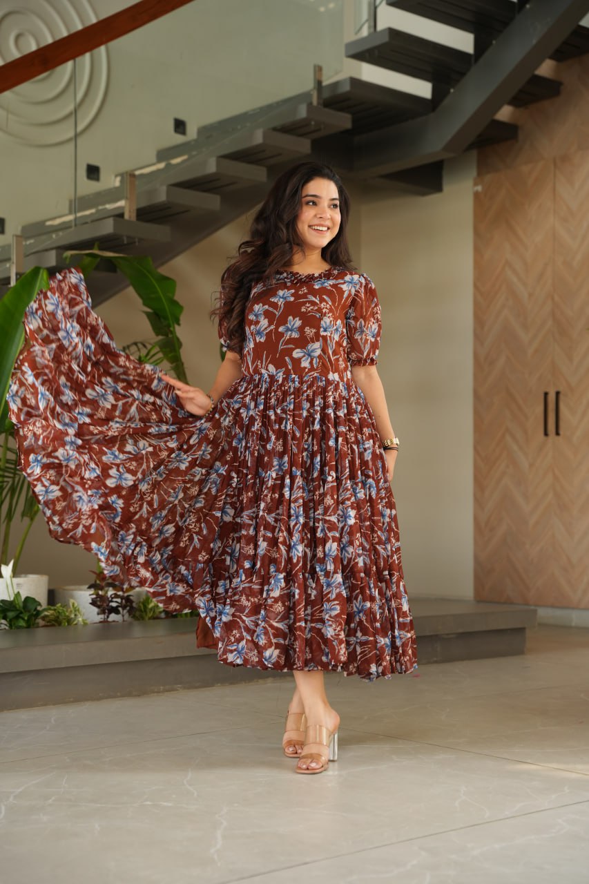 Coffee Color Faux Georgette With Print Gown