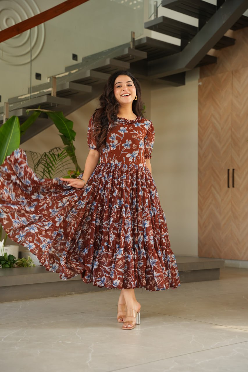 Coffee Color Faux Georgette With Print Gown
