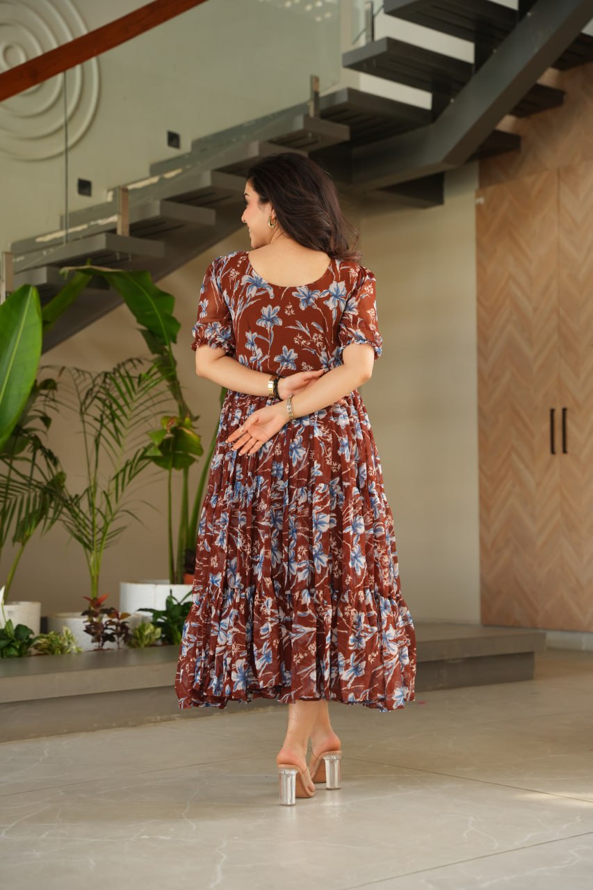Coffee Color Faux Georgette With Print Gown
