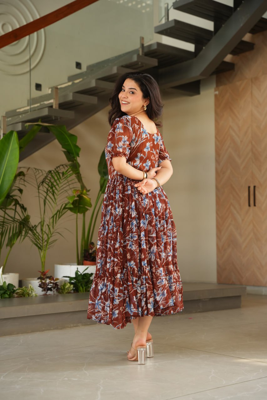 Coffee Color Faux Georgette With Print Gown