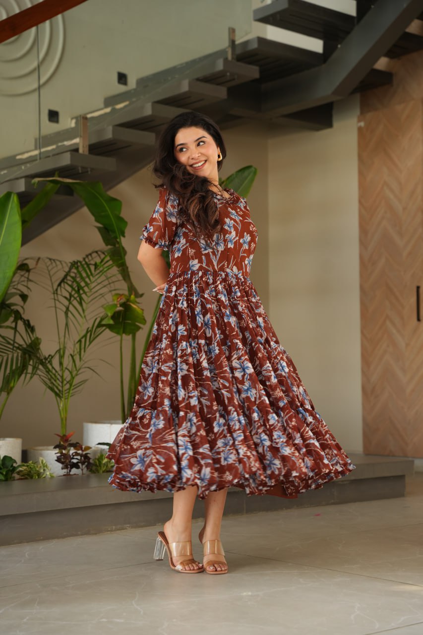 Coffee Color Faux Georgette With Print Gown