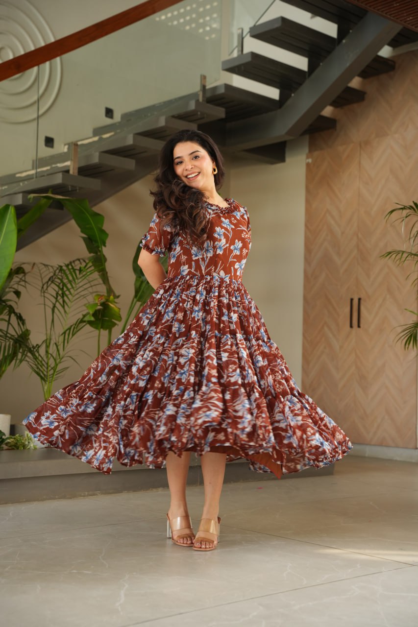 Coffee Color Faux Georgette With Print Gown