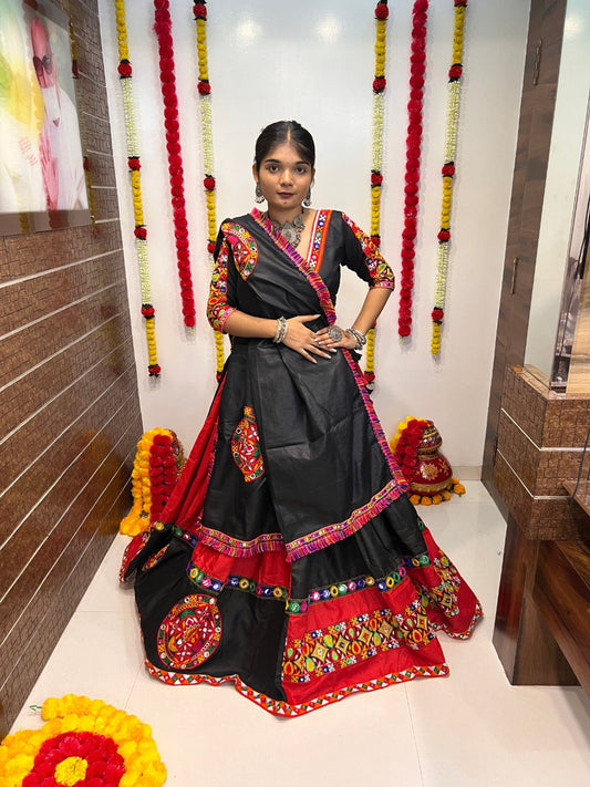 Rani Black Pure Cotton Silk Gamthi Work Butta Lace Work Navratri Lehenga Choli