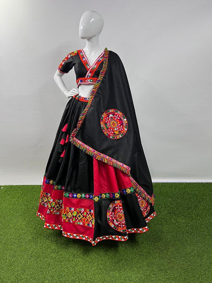 Rani Black Pure Cotton Silk Gamthi Work Butta Lace Work Navratri Lehenga Choli