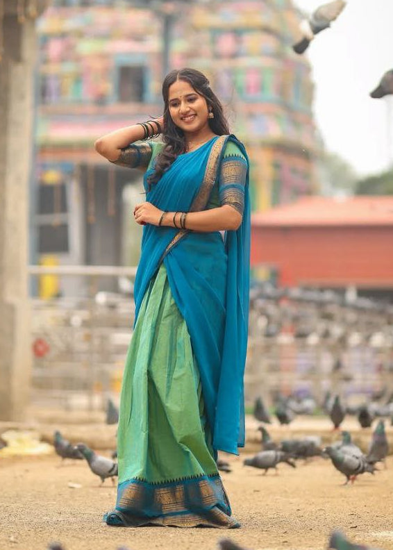 Olive Green Kanci Cotton Half Saree with Rama Blue Dupatta and Gold Zari Weaving Work by The Beauty Queen Surat