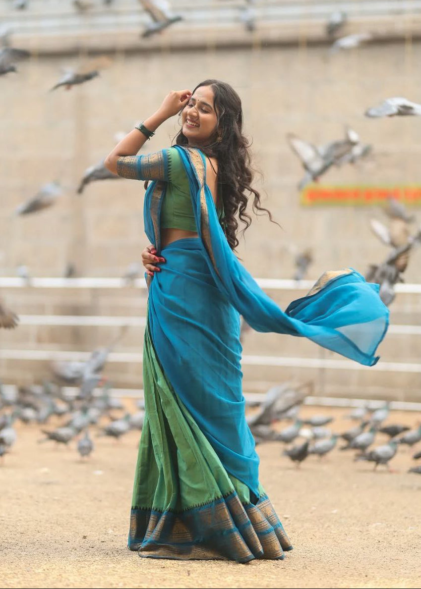 Buity Rama Magazine Olive Green & Rama Blue Kanci Cotton Half Saree | Zari Work | The ...