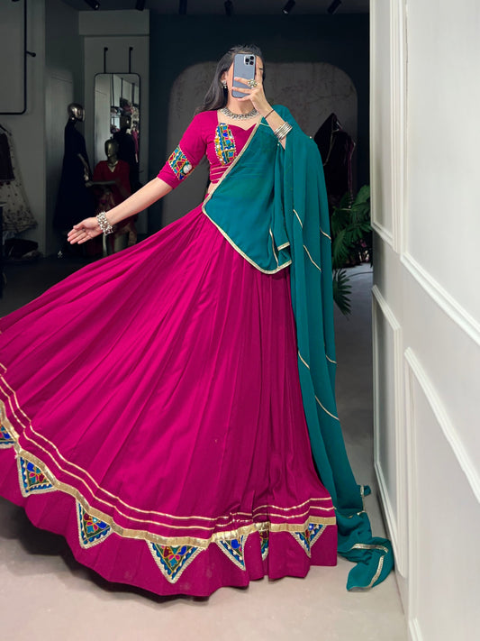 Pink Pure Rayon Gamthi Work With Embossed Design Work Stitched Navratri Lehenga Choli