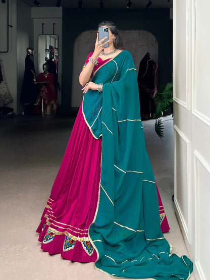 Pink Pure Rayon Gamthi Work With Embossed Design Work Stitched Navratri Lehenga Choli