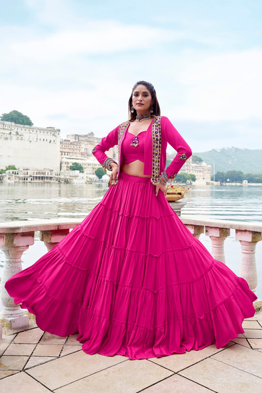 Pink Pure Rayon Plain Stitched Navratri Lehenga Choli
