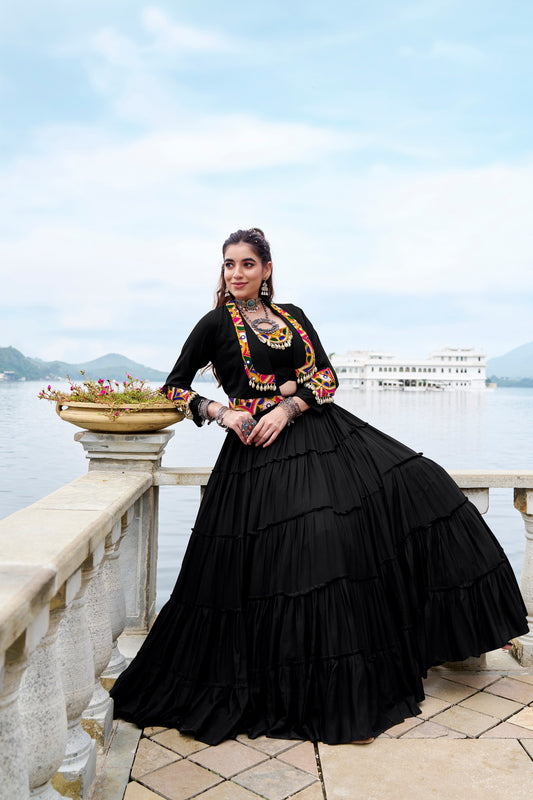 Black Pure Rayon Plain Stitched Navratri Lehenga Choli