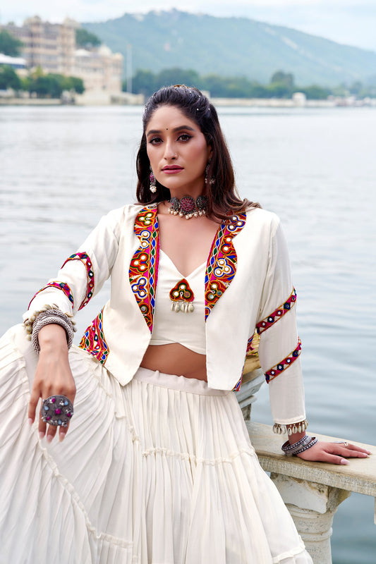 White Pure Rayon Plain Stitched Navratri Lehenga Choli