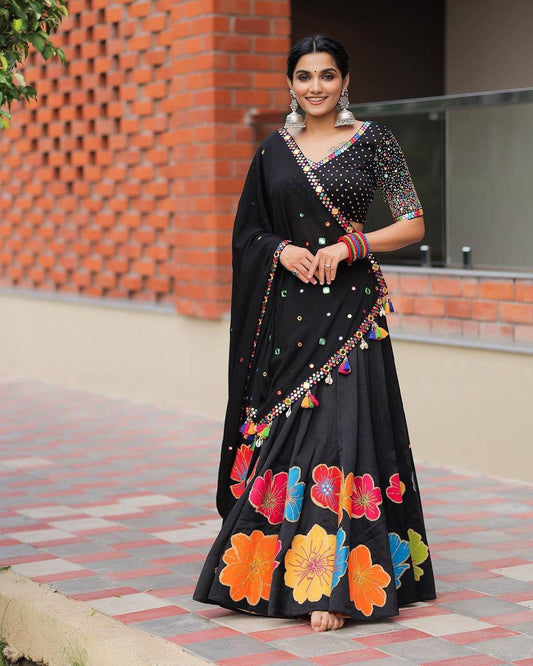 Black Beutique Styles Pure Cotton Designer Printed And Real Mirror Work Navratri Lehenga Choli