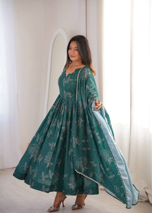 Printed Anarkali kurta pants dupatta set green
