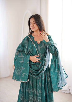Bottle green Anarkali kurta with white floral print
