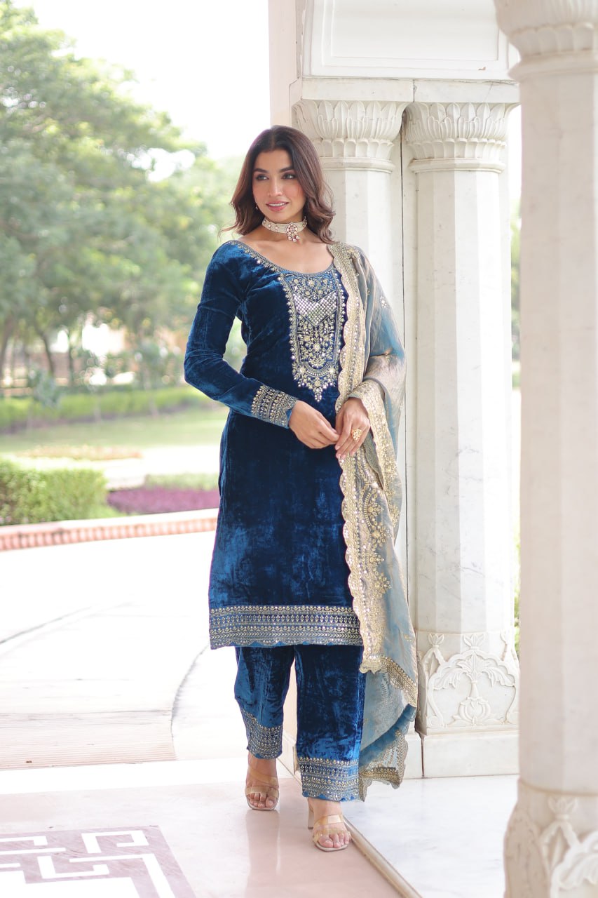 Morpich Velvet With Rich Sequins Full Round Neck Salwar Suit