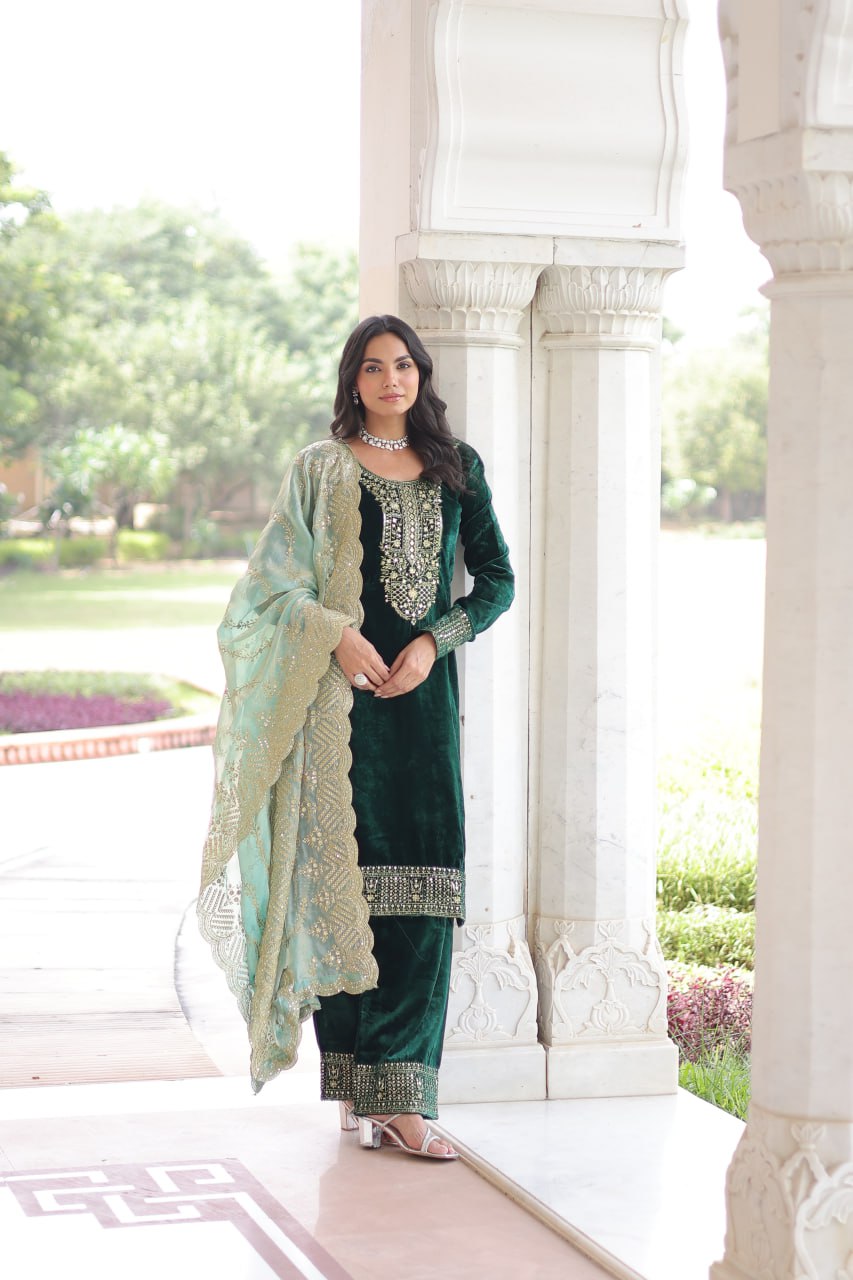 Green Velvet With Rich Sequins Full Round Neck Salwar Suit